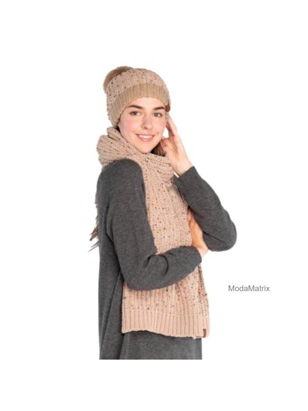 Cable Knit Beanie and Scarf Set with Faux Fur Pom, Winter Accessories